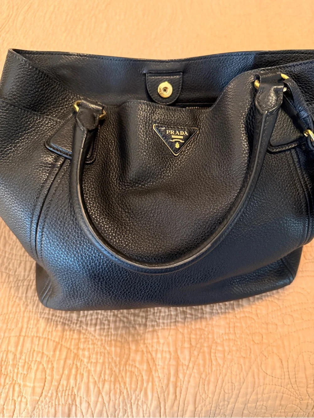 Prada Daino Side Pocket Black Pebbled Leather Tote with Gold Logo